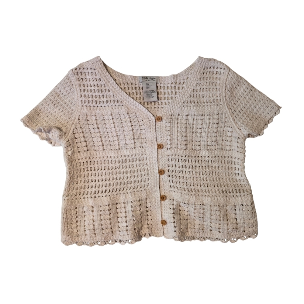 Haute Hippie Crochet Knit Cardigan Cream Boho Short Sleeve Open Knit Top